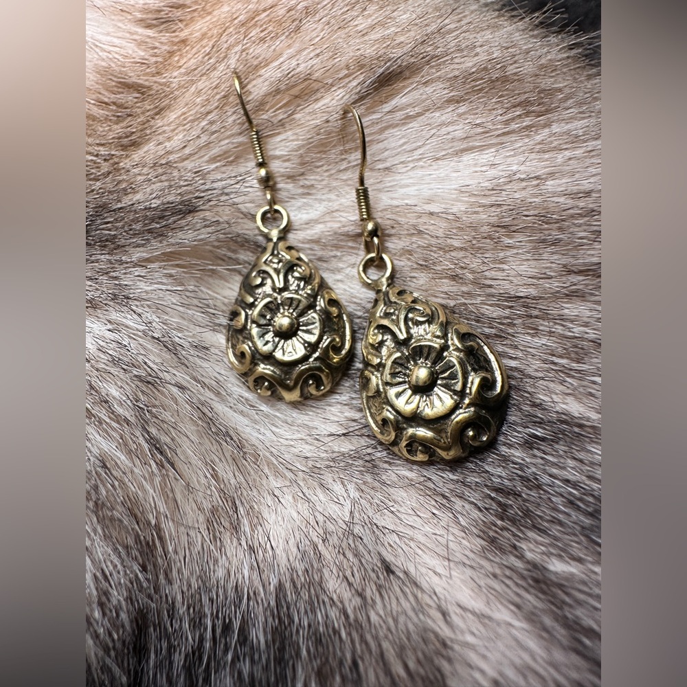 Floral Indonesian Solid Brass Teardrop Dangle Earrings